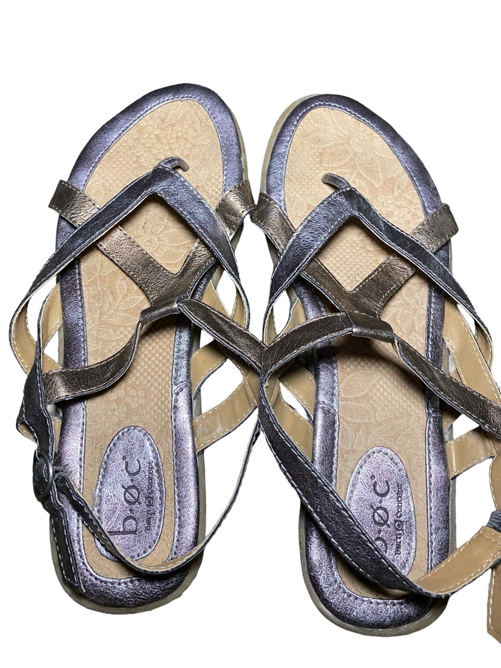 b.o.c. Metallic Pewter Strappy Sandals